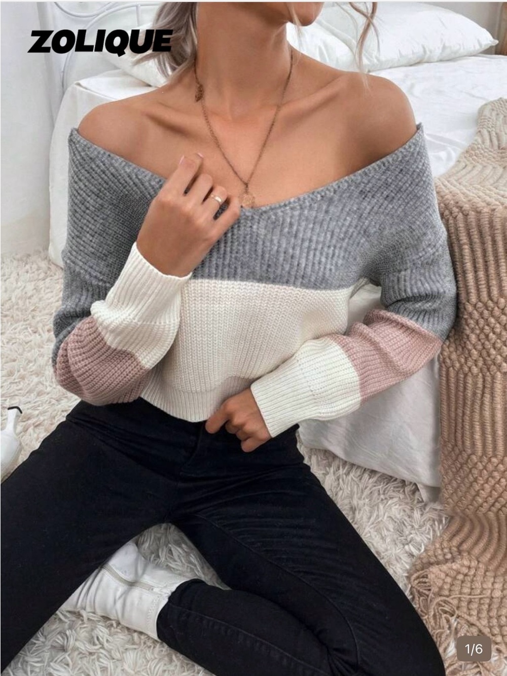 SHEIN Off-Shoulder Colorblock Sweater in Gray, white & Pink